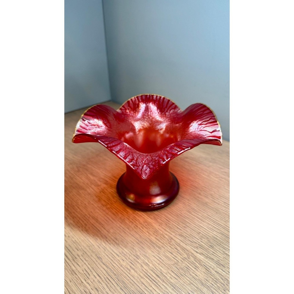 Poschinger Vintage Ruby Red Stretch Glass Iridescent Onionskin Vase West Germany